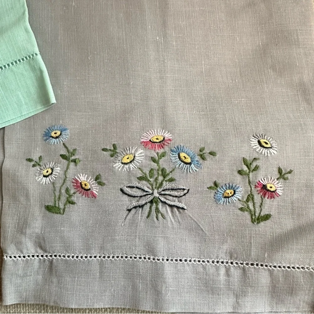 Vintage Hand Embroidered Tea Kitchen Towels Set Of 2 Florals Pastel Linen Blue